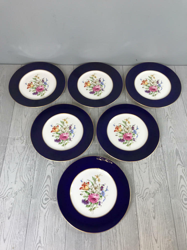 Royal Worcester "Miranda" Dinner Floral Print Plates - Set of 6 - Gold Rim - Very Good