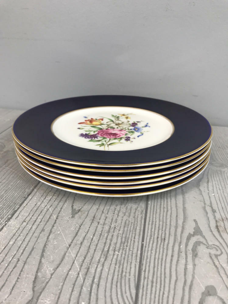 Royal Worcester "Miranda" Dinner Floral Print Plates - Set of 6 - Gold Rim - Very Good