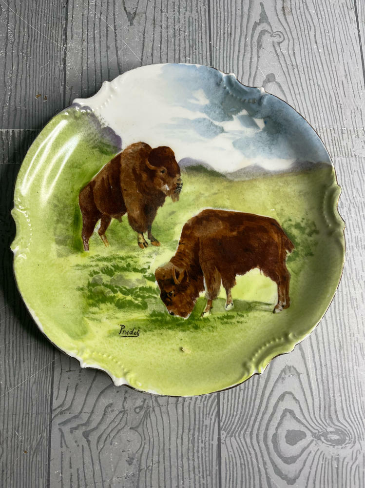 Vintage Coronet Limoges Bison Landscape Plate Hand-Painted Stamped Pradet France - Good