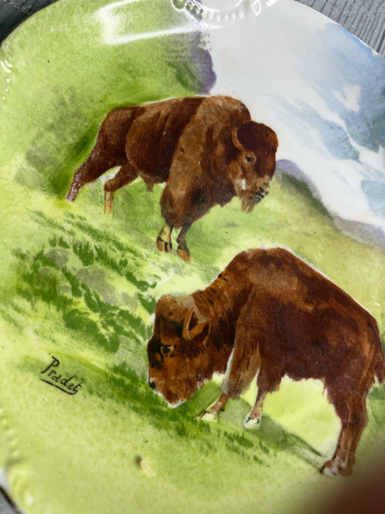 Vintage Coronet Limoges Bison Landscape Plate Hand-Painted Stamped Pradet France - Good