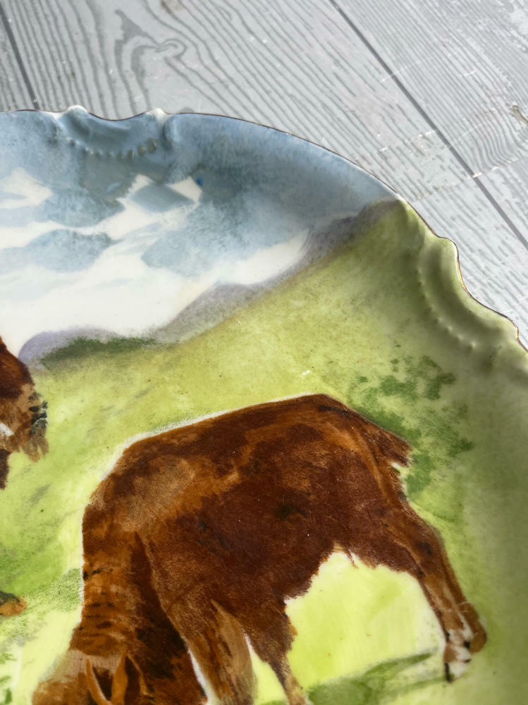 Vintage Coronet Limoges Bison Landscape Plate Hand-Painted Stamped Pradet France - Good