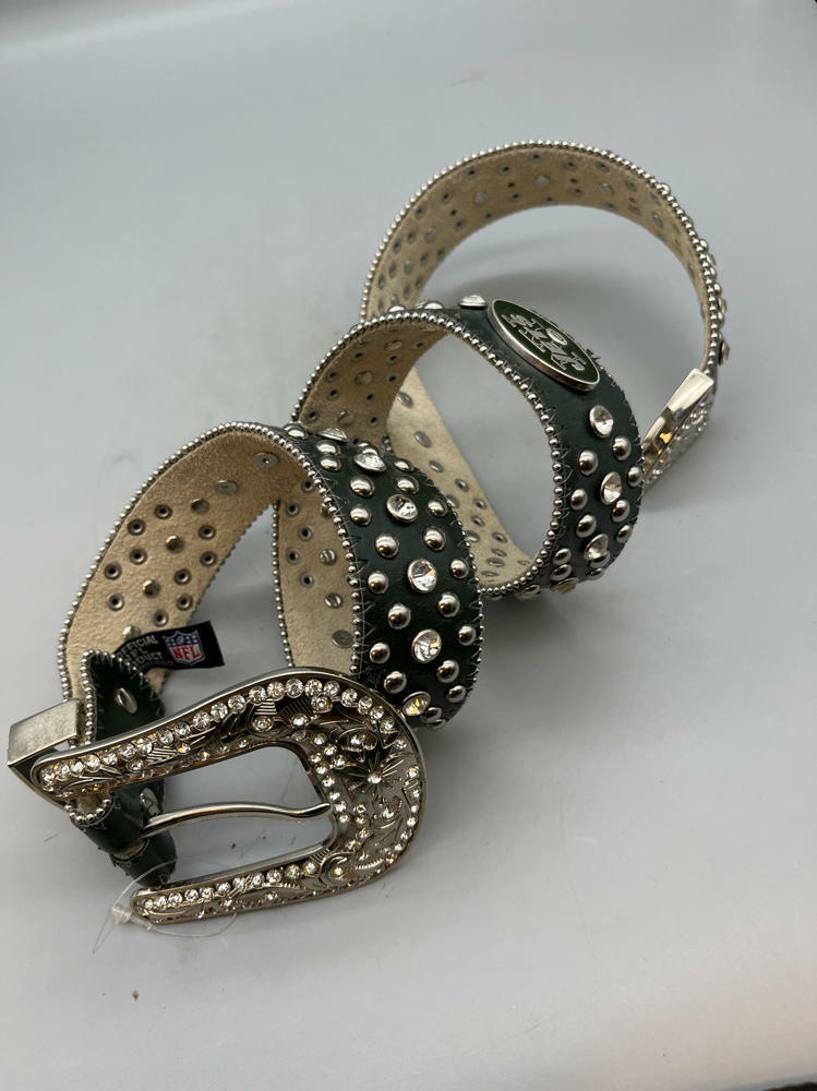 New York Jets Black NFL Leather Belt Rhinestone SIZE M Bedazzled Bling Gems - Good