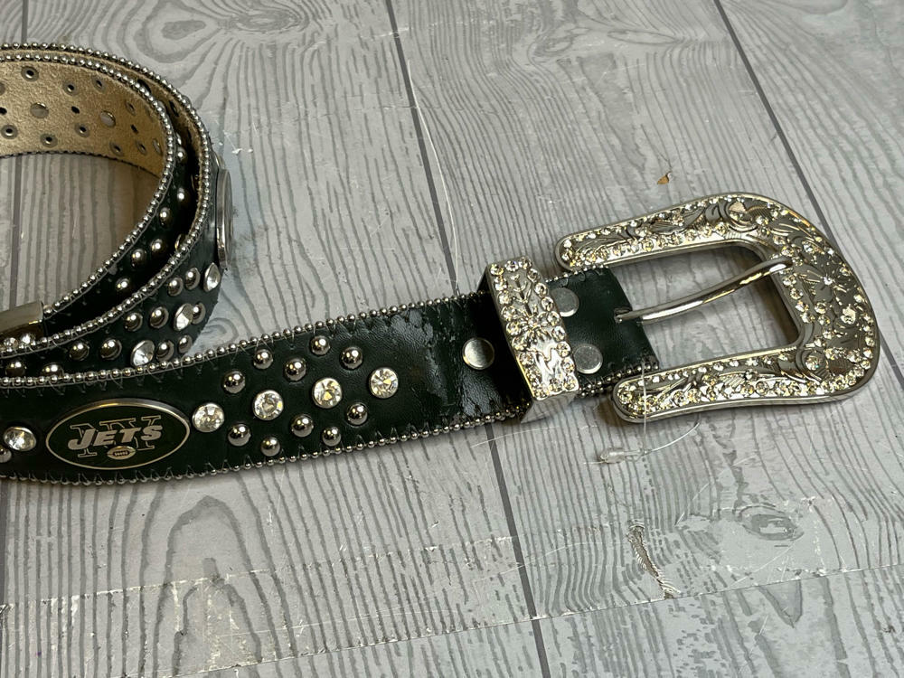 New York Jets Black NFL Leather Belt Rhinestone SIZE M Bedazzled Bling Gems - Good