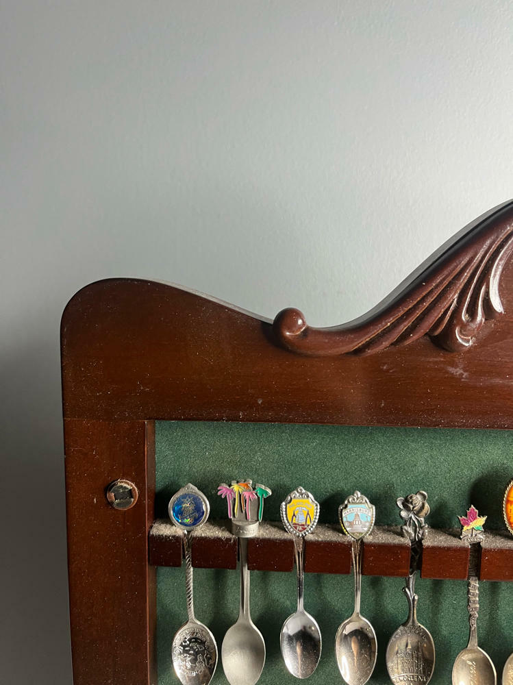 Bombay Co. Wooden Display Curio Case with 60 Slots Filled wt 47 Souvenir Spoons - Good