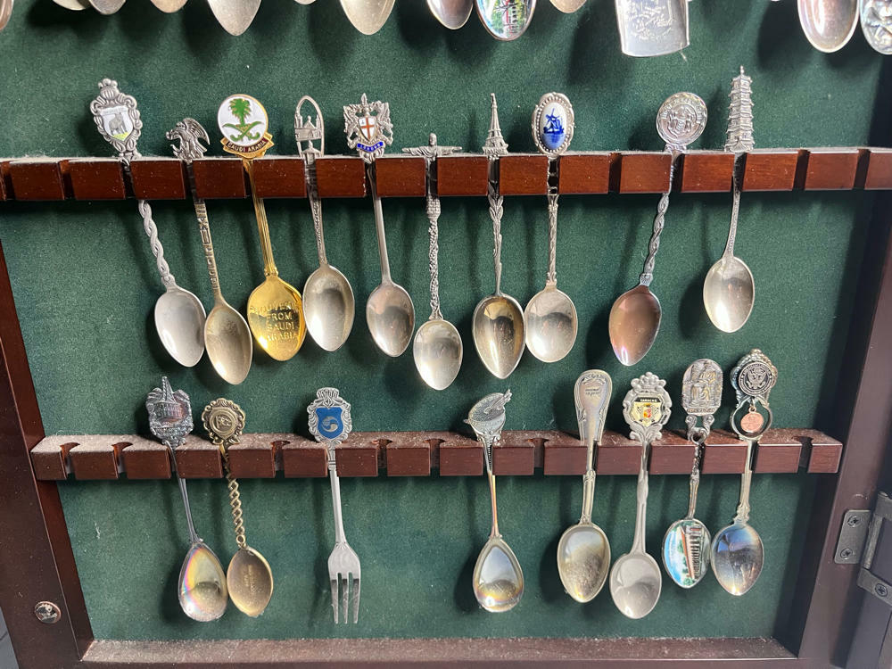Bombay Co. Wooden Display Curio Case with 60 Slots Filled wt 47 Souvenir Spoons - Good