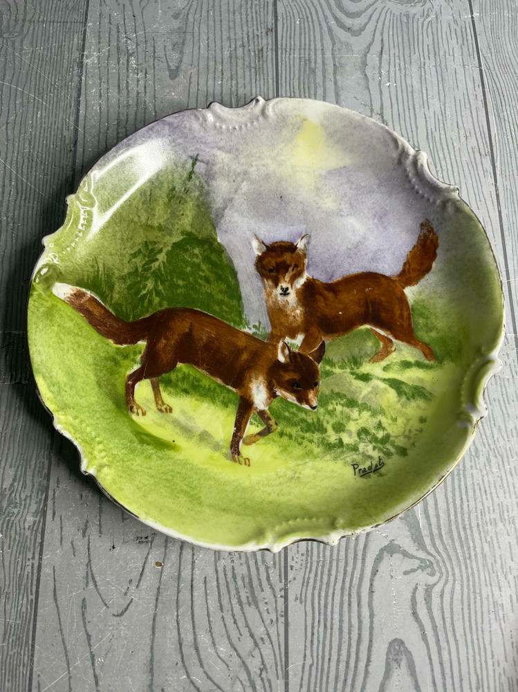 Vintage Coronet Limoges Foxes Landscape Plate Hand-Painted Stamped Pradet France - Good