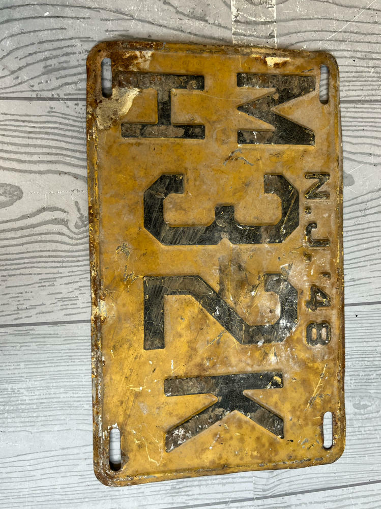Antique New Jersey Car Black License Plate NJ Old Auto Tags 1948 - Good