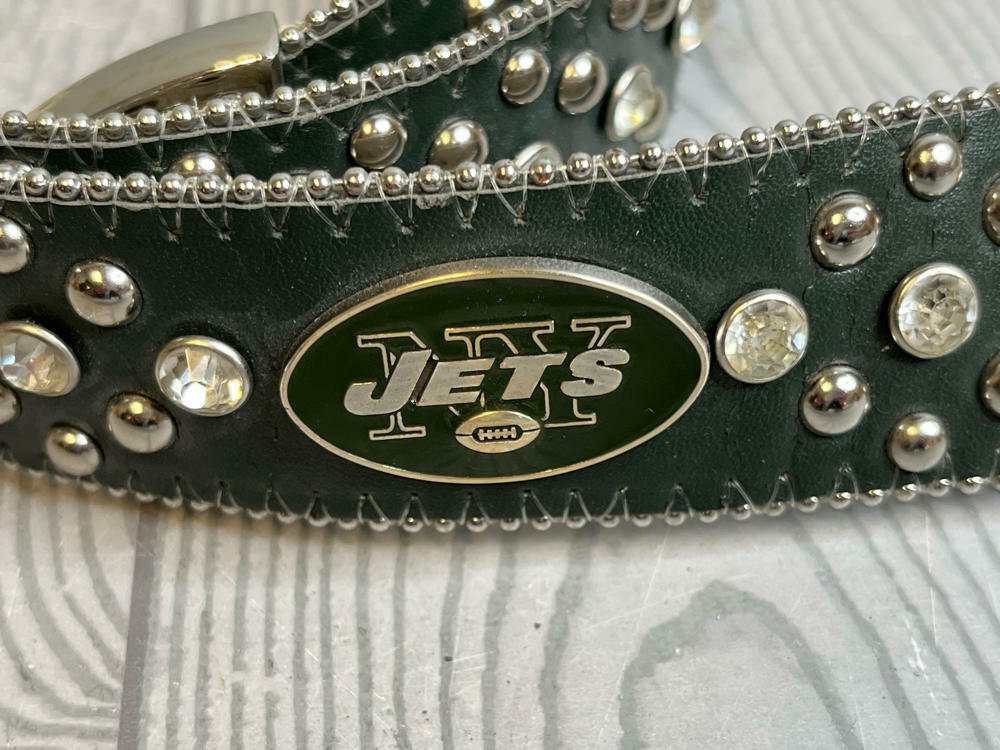 New York Jets Black NFL Leather Belt Rhinestone SIZE M Bedazzled Bling Gems - Good