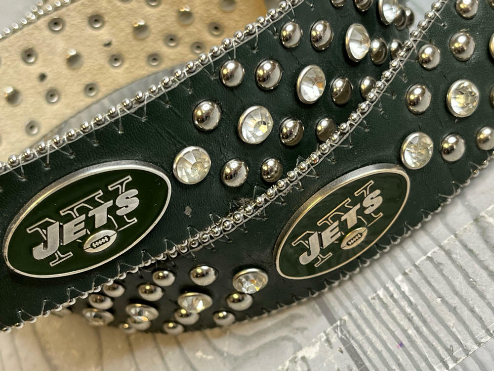 New York Jets Black NFL Leather Belt Rhinestone SIZE M Bedazzled Bling Gems - Good