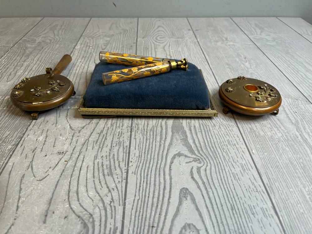 Vintage Accessory Set 1 Silent Butler, 1 Round Vanity Box, 2 Travel Scent Sprays - Good