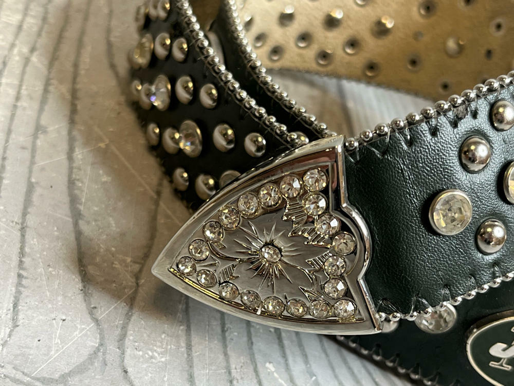 New York Jets Black NFL Leather Belt Rhinestone SIZE M Bedazzled Bling Gems - Good