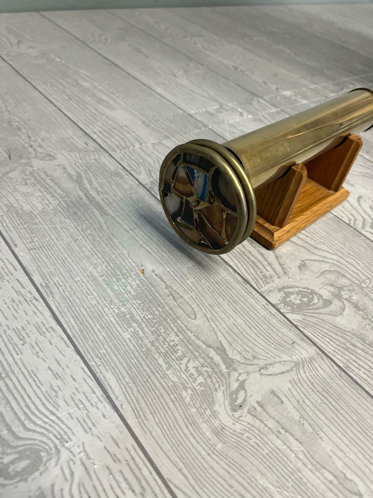 Vintage Kaleidoscope with Brass Body 2 Wheels Stained & Textured Glass on Stand - Good