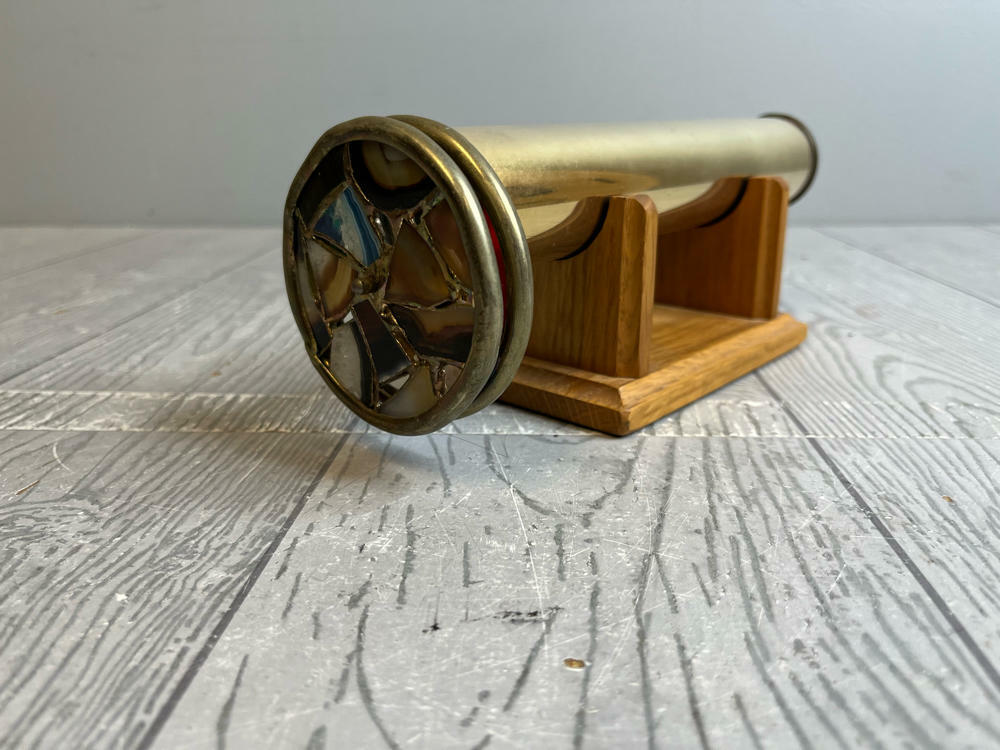 Vintage Kaleidoscope with Brass Body 2 Wheels Stained & Textured Glass on Stand - Good