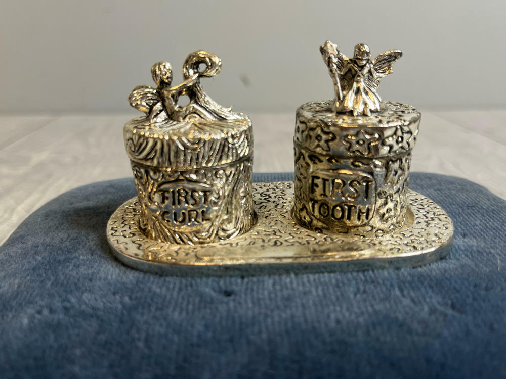 CBK Baby's First Tooth & First Curl Pewter Lidded Trinket Boxes on Tray Fairies - Good