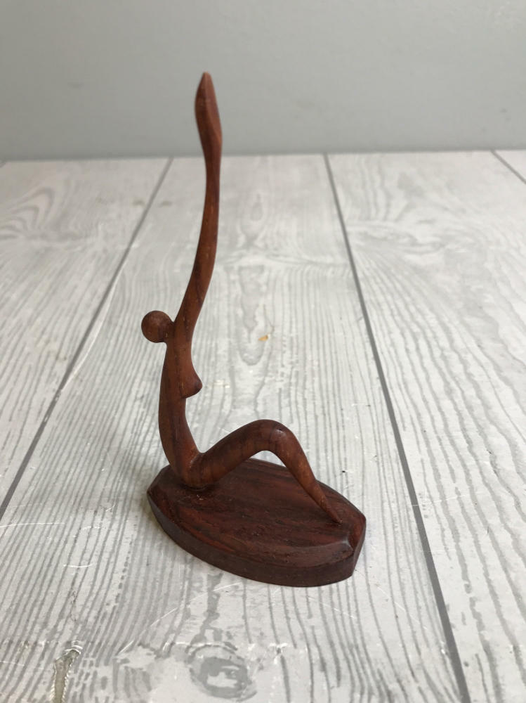Wooden Mini Sculpture Woman Yoga Pose Mounted on Round Base Biomorphic Sculpture - Good