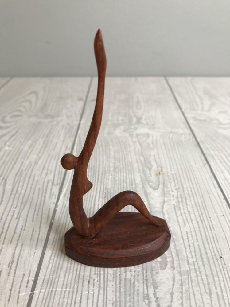 Wooden Mini Sculpture Woman Yoga Pose Mounted on Round Base Biomorphic Sculpture - Good
