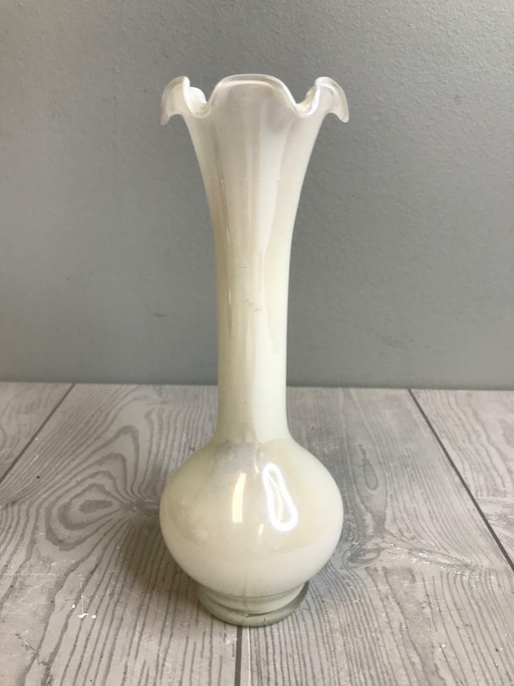 Vintage White Opalescent Glass Vase with Ruffle Edge Bulbous Body Home Decor - Good