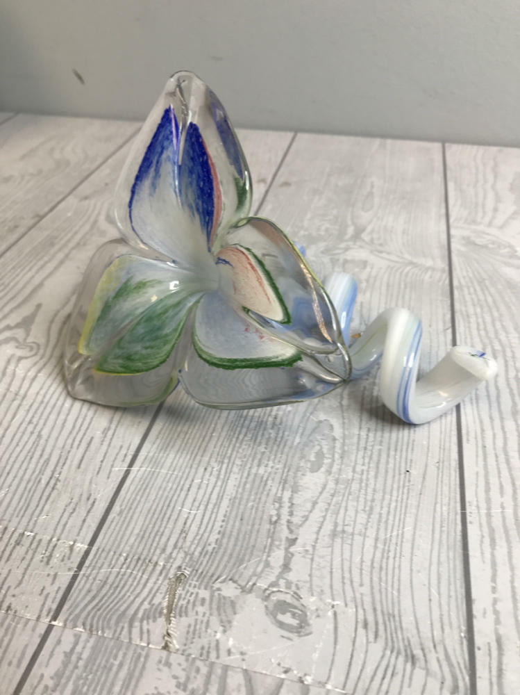 Murano Like Hand-Blown Glass Flower Swirl Stem Art Piece Pastel Blues, Greens - Good