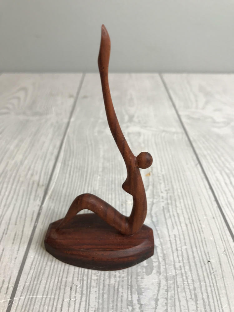 Wooden Mini Sculpture Woman Yoga Pose Mounted on Round Base Biomorphic Sculpture - Good