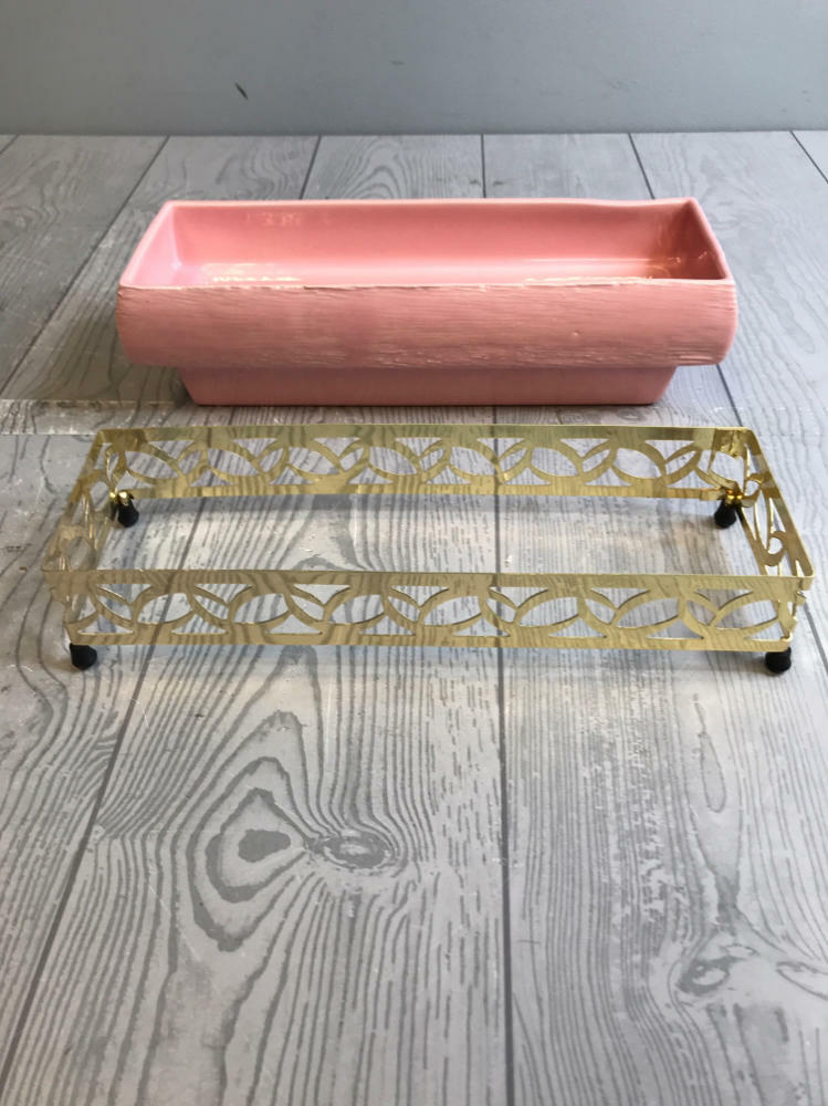 1955 Stamped Miramar California Pottery Planter No: 285 Gold Metal Basket Stand - Good