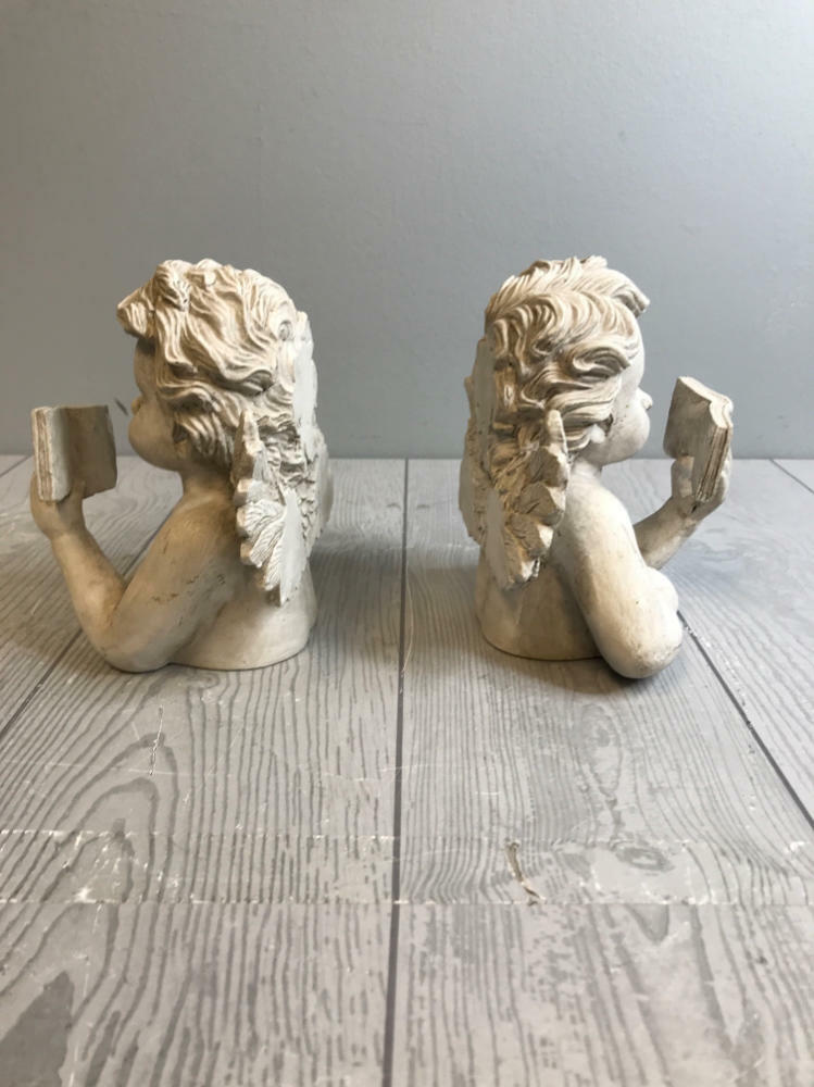 Set of TWO Angelic Winged Cherub Reading a Book Sculpture Bookends - Good
