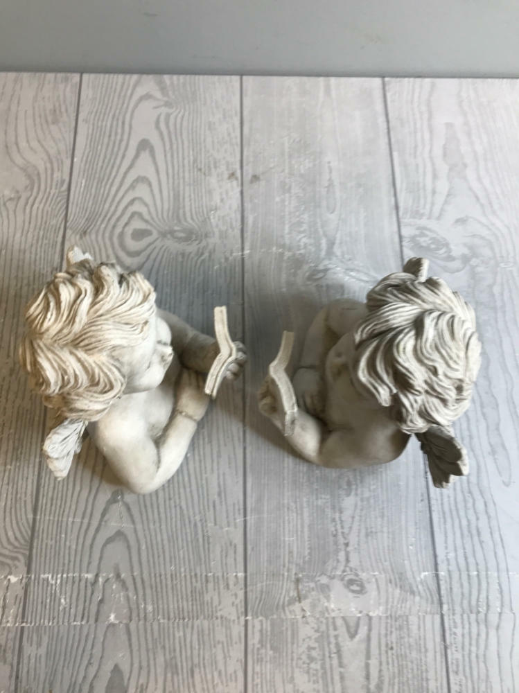 Set of TWO Angelic Winged Cherub Reading a Book Sculpture Bookends - Good
