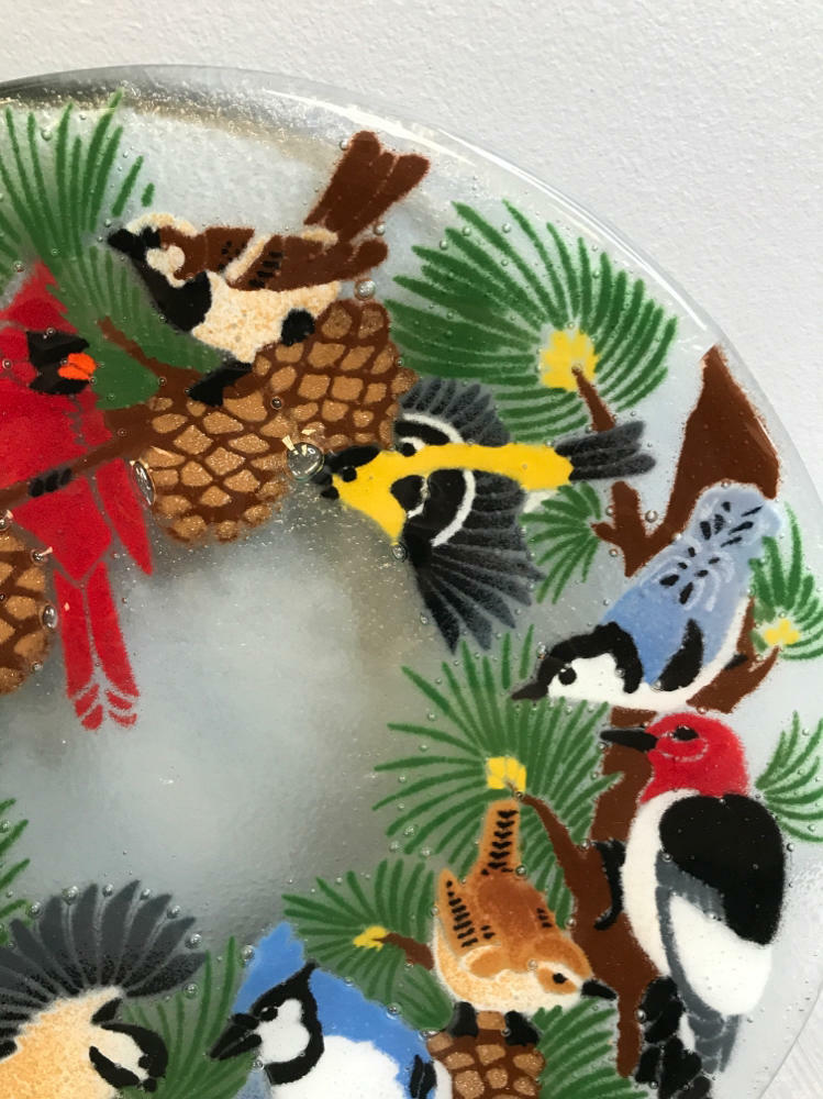 Peggy Karr Fused Glass Plate with Colorful Birds in Pine Trees - Good
