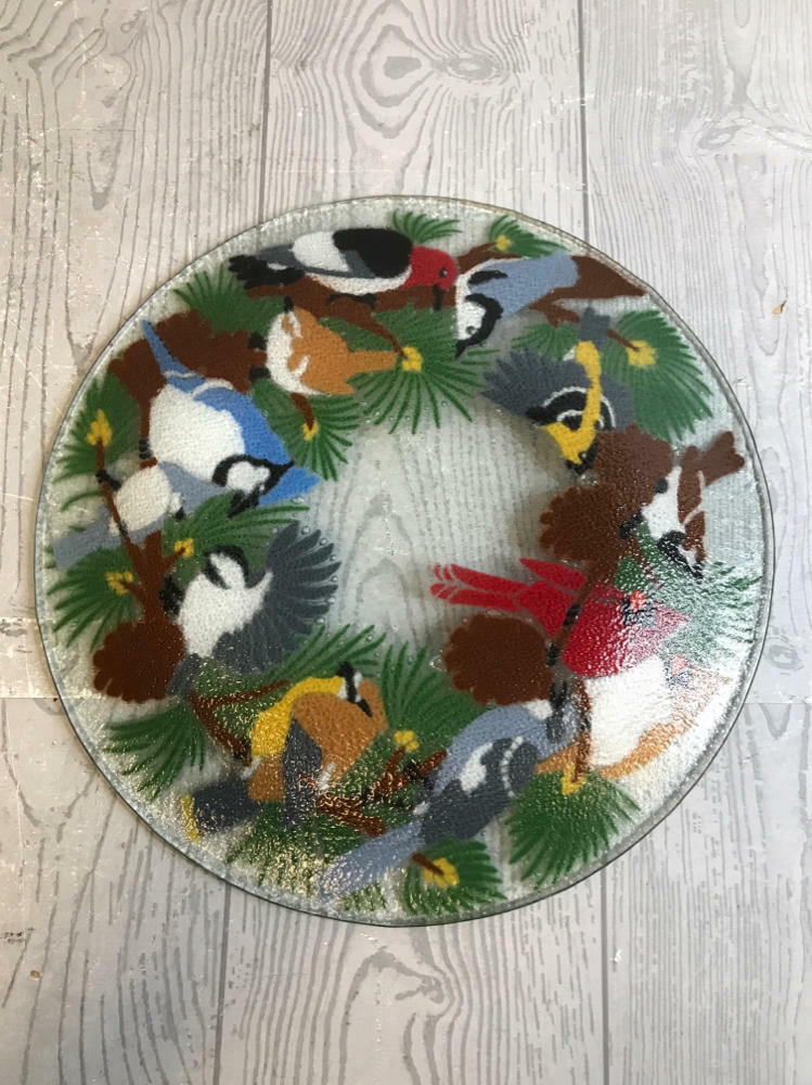 Peggy Karr Fused Glass Plate with Colorful Birds in Pine Trees - Good