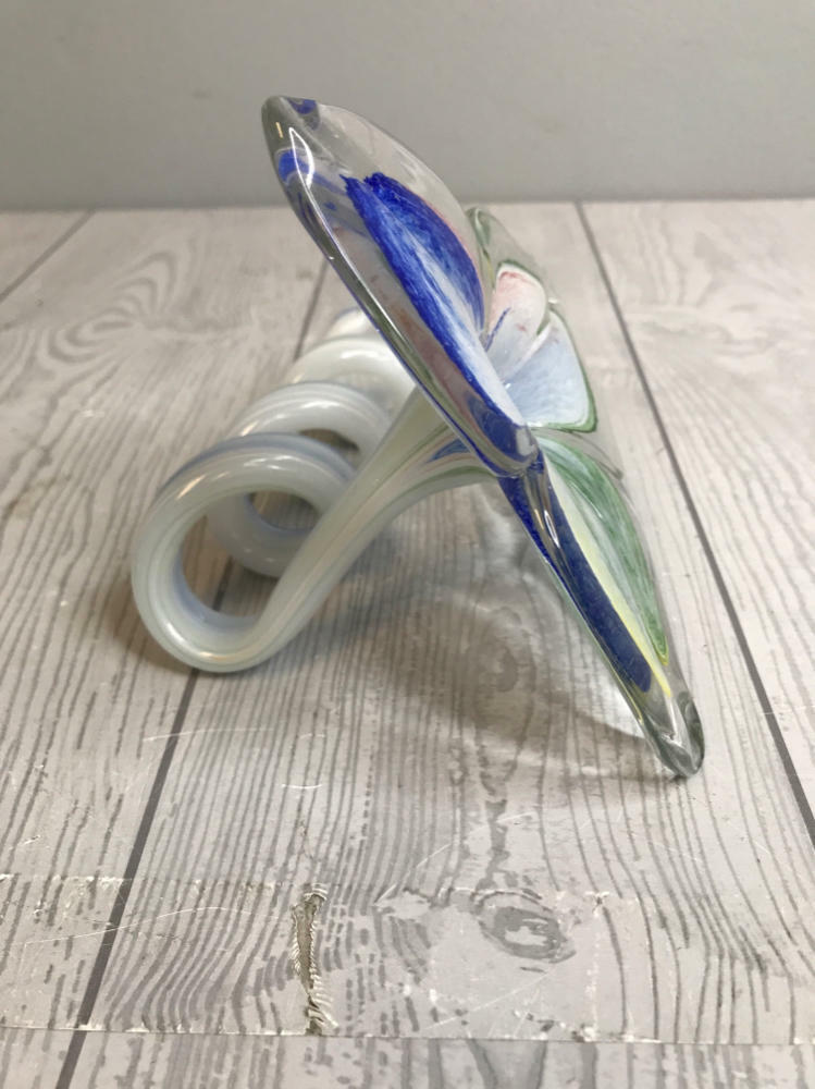 Murano Like Hand-Blown Glass Flower Swirl Stem Art Piece Pastel Blues, Greens - Good