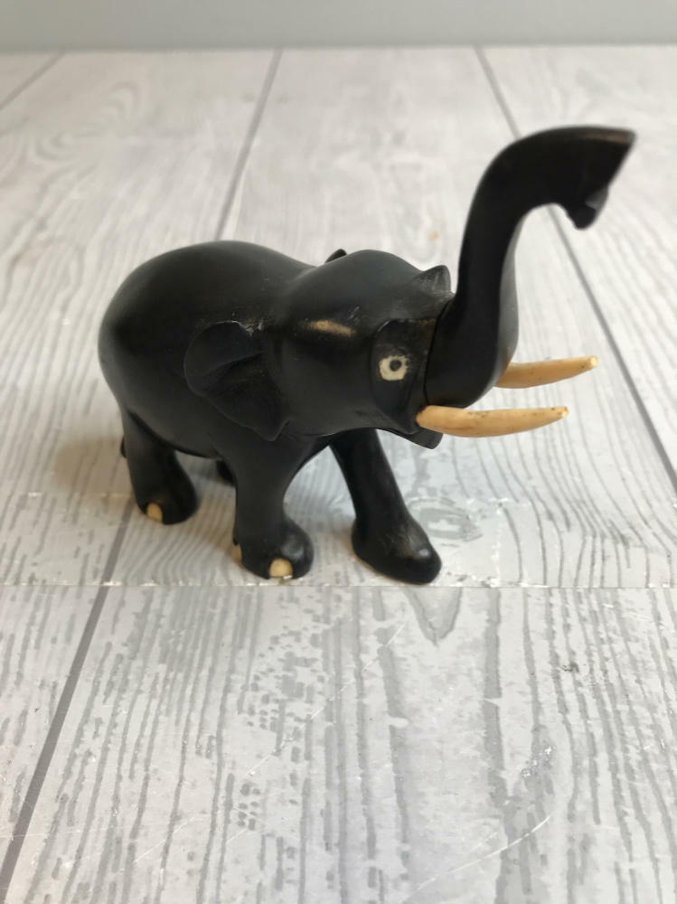 Vintage Elephant with Trunk Up Hand Carved in Ceylon Small Black Wooden Decor - Good