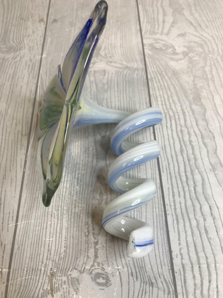 Murano Like Hand-Blown Glass Flower Swirl Stem Art Piece Pastel Blues, Greens - Good