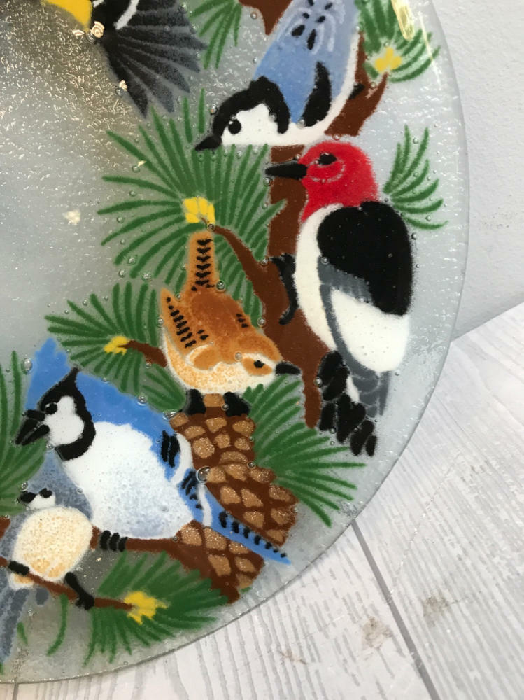Peggy Karr Fused Glass Plate with Colorful Birds in Pine Trees - Good