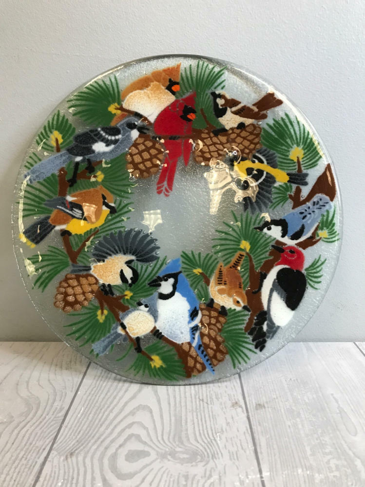Peggy Karr Fused Glass Plate with Colorful Birds in Pine Trees - Good