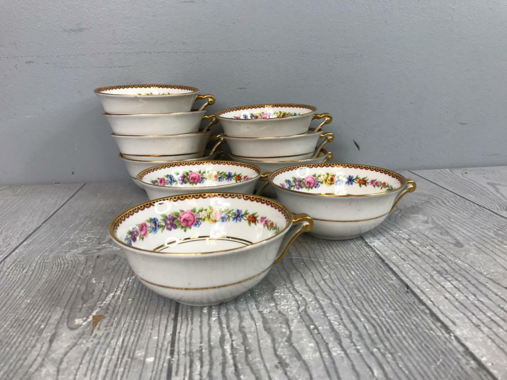 Set of 10 Beautiful Floral Print Tea Cups R&C RAYNAUD LIMOGES GOLD FLORAL France - Very Good