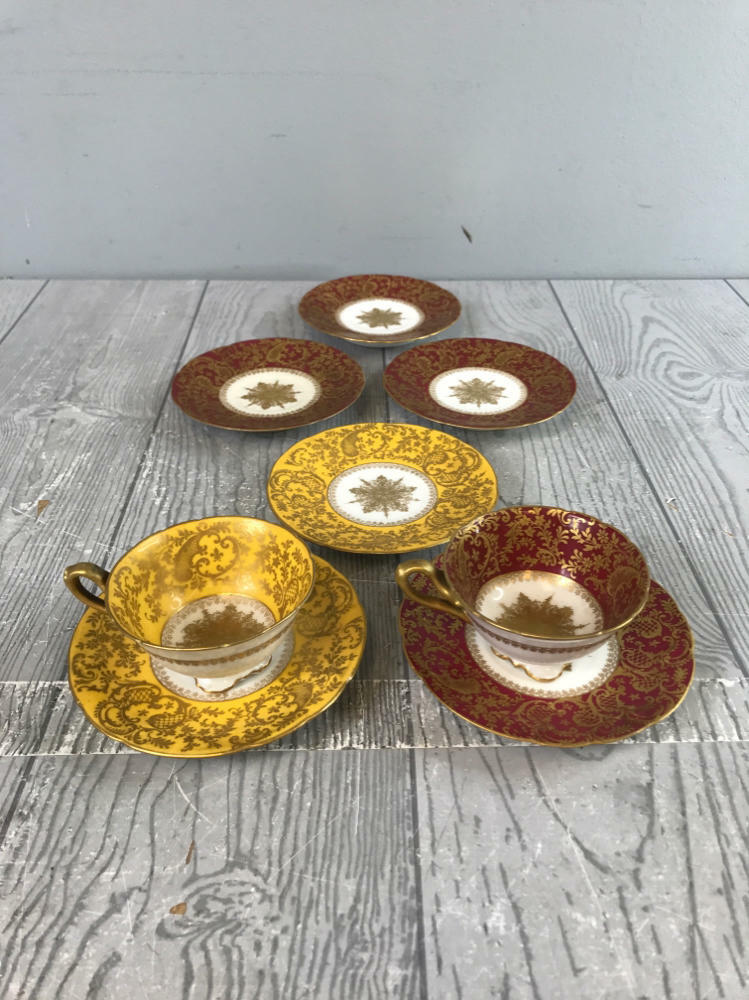 Delinieres & Co Bernaudaud & Co Limoges France Burgundy & Gold Tea Cups&Saucers - Good
