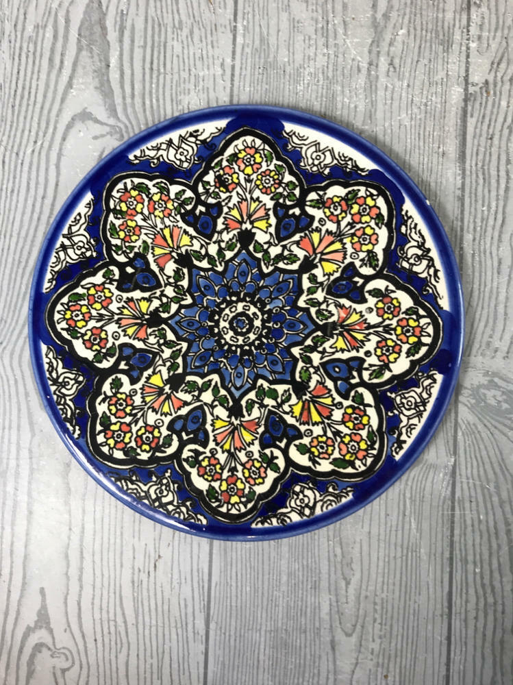 Set of 7 Vintage TURKISH round hand painted flower ART Pottery Floral plate - Like New