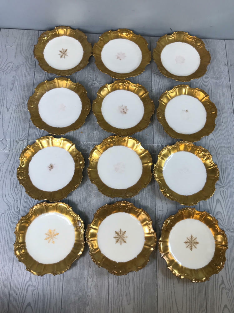 Set of 12 ANTIQUE LS & S LIMOGES FRANCE GOLD SNOWFLAKE PATTERN PORCELAIN  BOWLS - Good