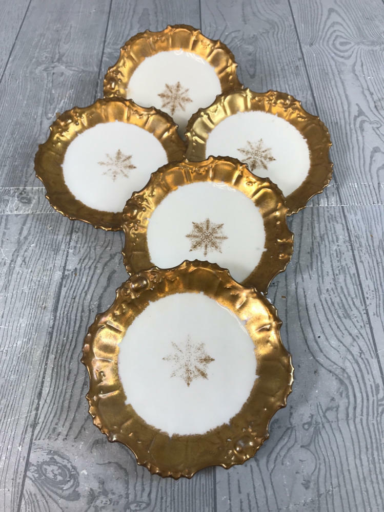 Set of 12 ANTIQUE LS & S LIMOGES FRANCE GOLD SNOWFLAKE PATTERN PORCELAIN  BOWLS - Good