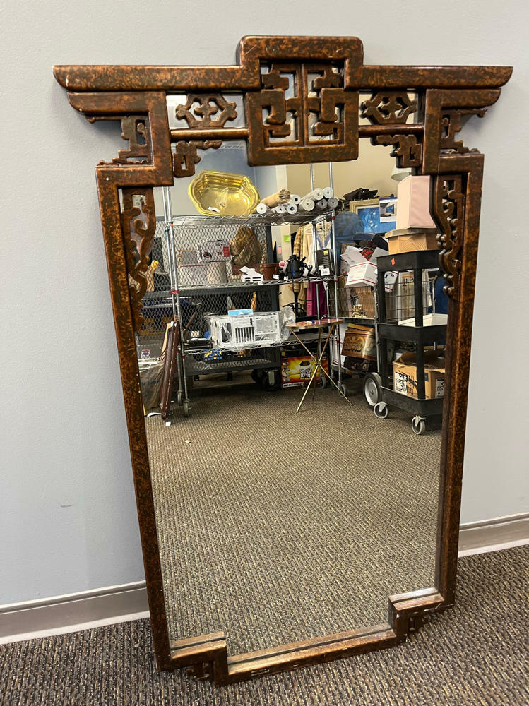 Painted Mirror Carved Crest Chinoiserie Inspired Style of James Mont Italy - Good