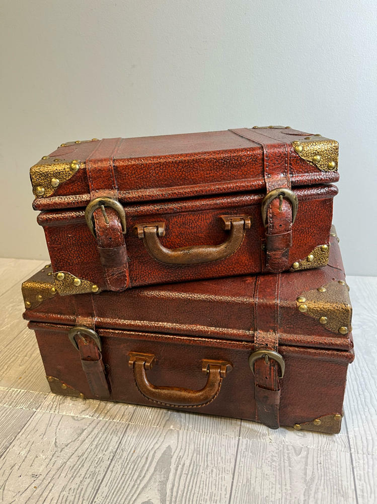 Faux Leather Nesting Boxes Replica of Brown with Brass Edges Decor or Display - Good