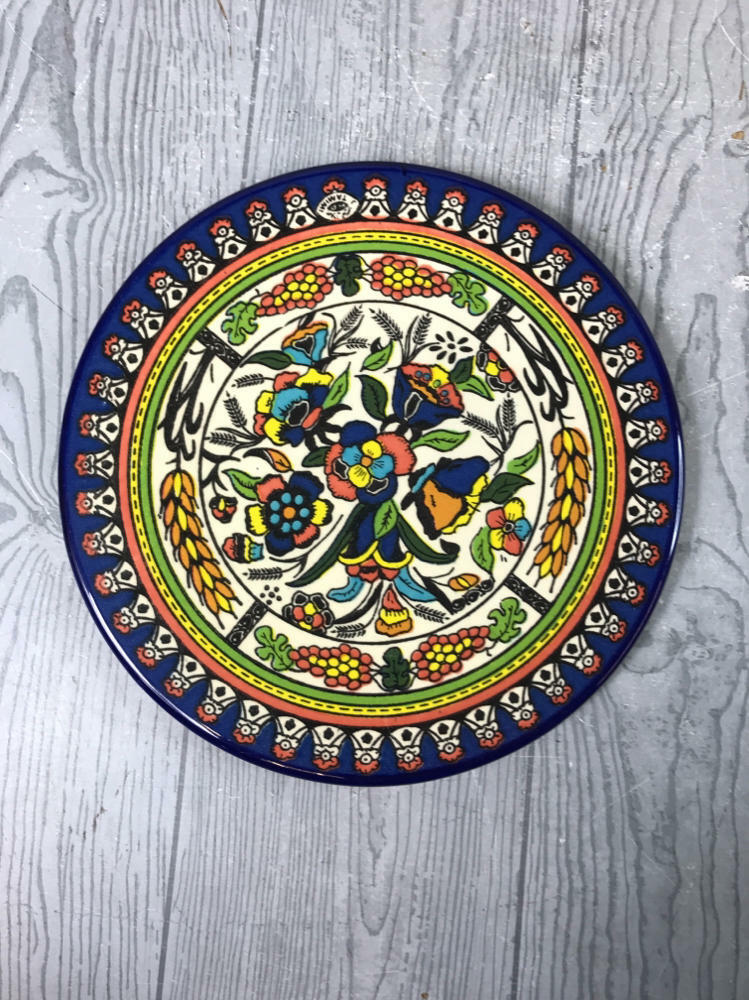 Set of 7 Vintage TURKISH round hand painted flower ART Pottery Floral plate - Like New