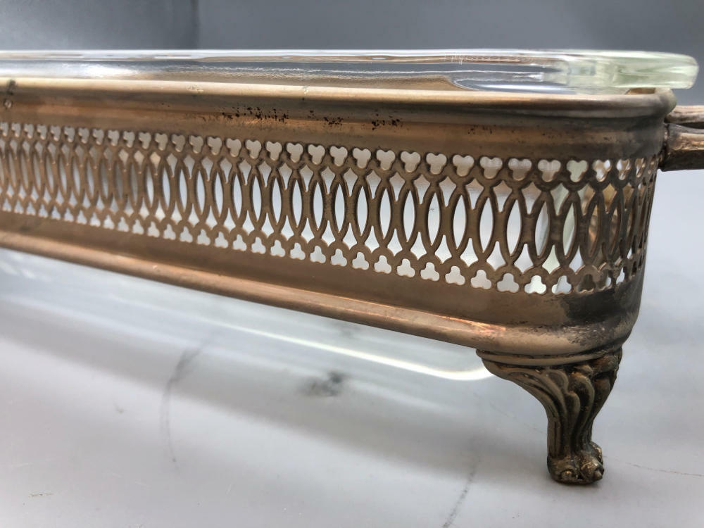 PYREX PLATE W SILVER HOLDER BREAD OR MEAT LOAF GLASS DISH - 1 1/2 Qt Dish - Good