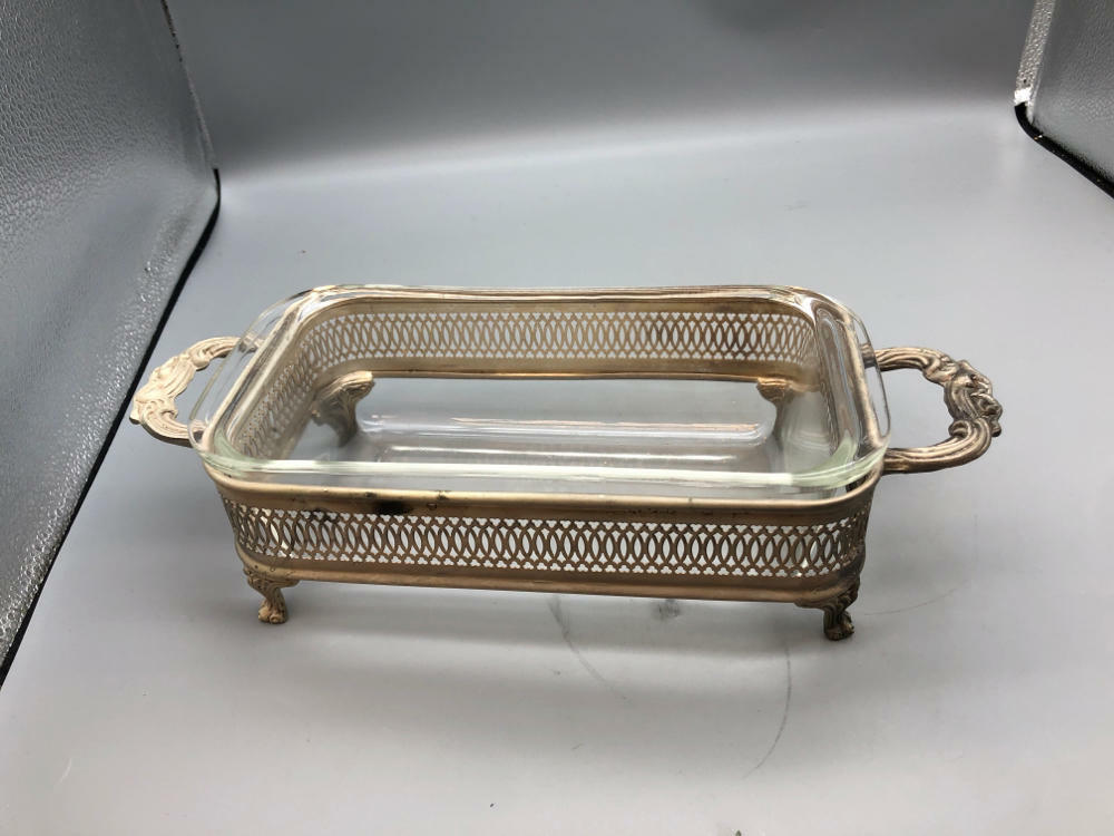 PYREX PLATE W SILVER HOLDER BREAD OR MEAT LOAF GLASS DISH - 1 1/2 Qt Dish - Good