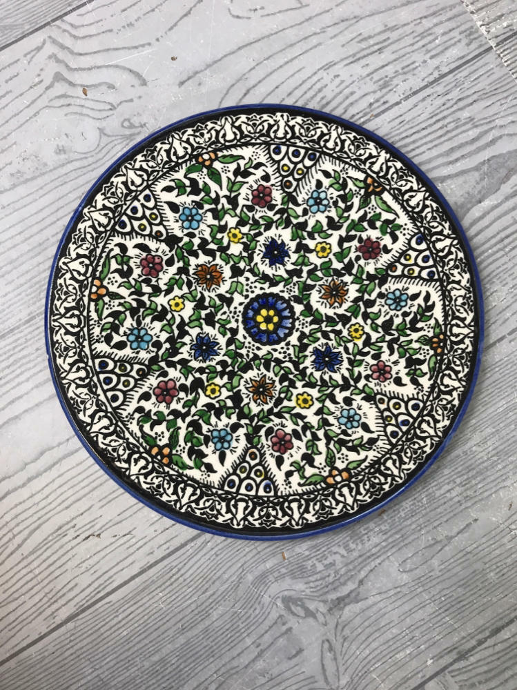 Set of 7 Vintage TURKISH round hand painted flower ART Pottery Floral plate - Like New