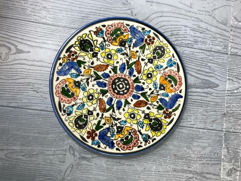 Set of 7 Vintage TURKISH round hand painted flower ART Pottery Floral plate - Like New