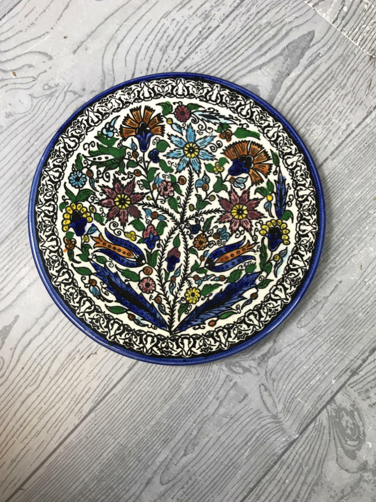 Set of 7 Vintage TURKISH round hand painted flower ART Pottery Floral plate - Like New