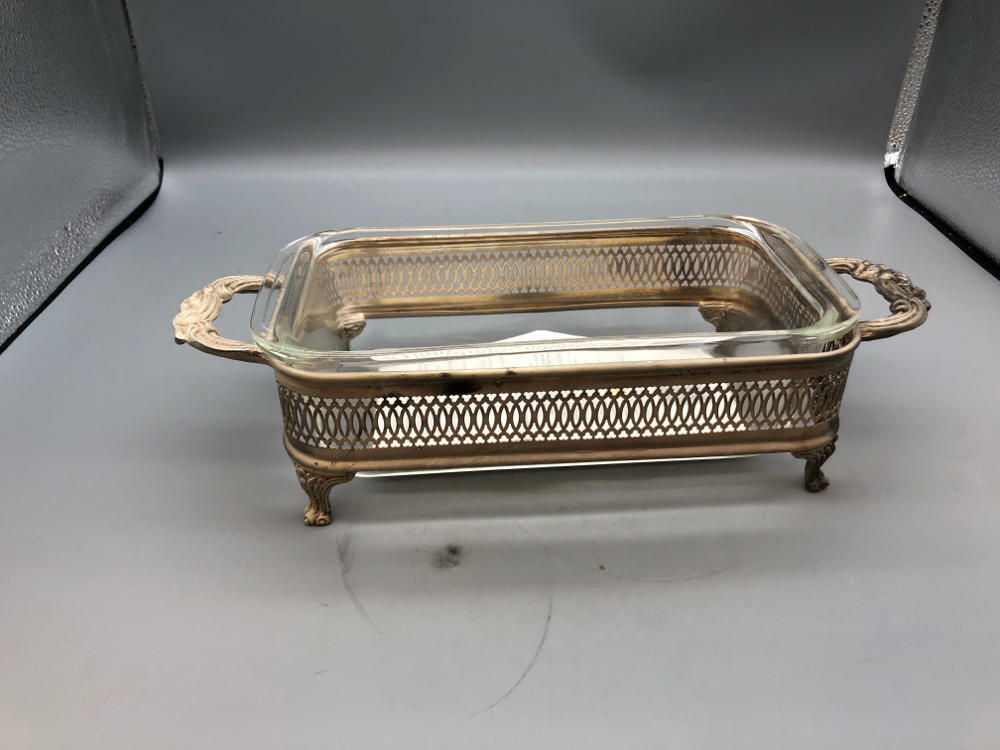 PYREX PLATE W SILVER HOLDER BREAD OR MEAT LOAF GLASS DISH - 1 1/2 Qt Dish - Good