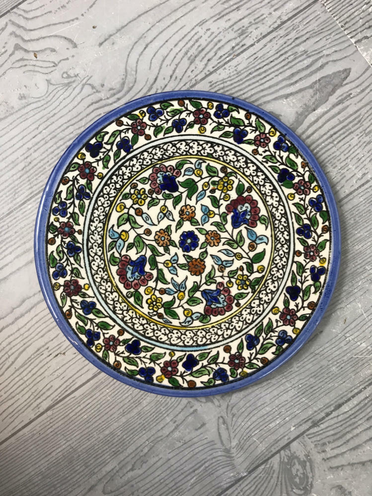 Set of 7 Vintage TURKISH round hand painted flower ART Pottery Floral plate - Like New