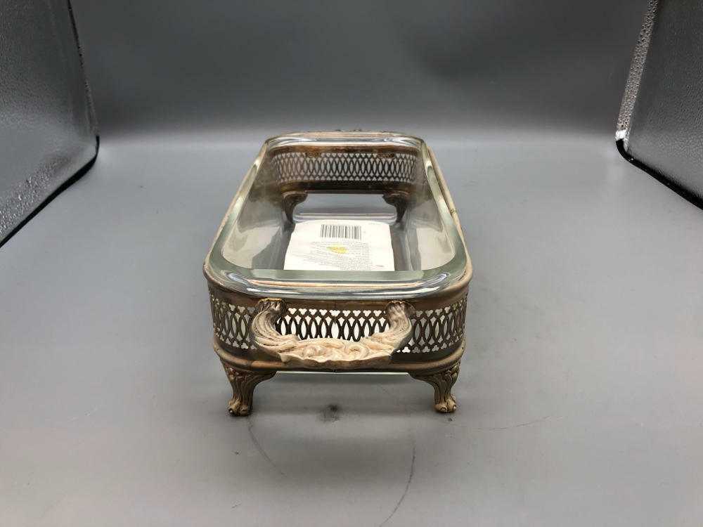 PYREX PLATE W SILVER HOLDER BREAD OR MEAT LOAF GLASS DISH - 1 1/2 Qt Dish - Good