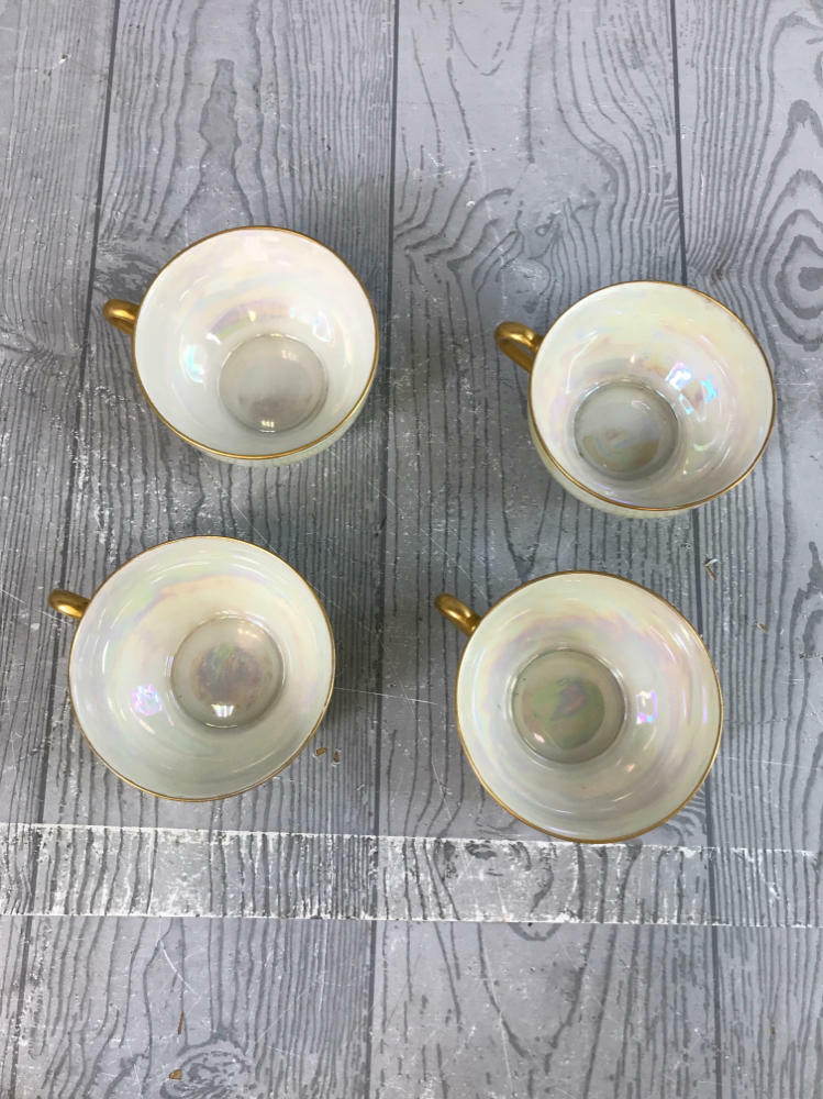 Set of 12 Yellow & White Iridescent Tea Set - 7 Saucers, 4 Cups, 1 Tea Pot - Good